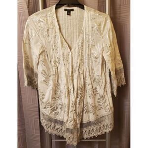 Alfani‎ Women's 16 White Lace Pintuck Button Down Peasant Crochet Lace Tunic Top